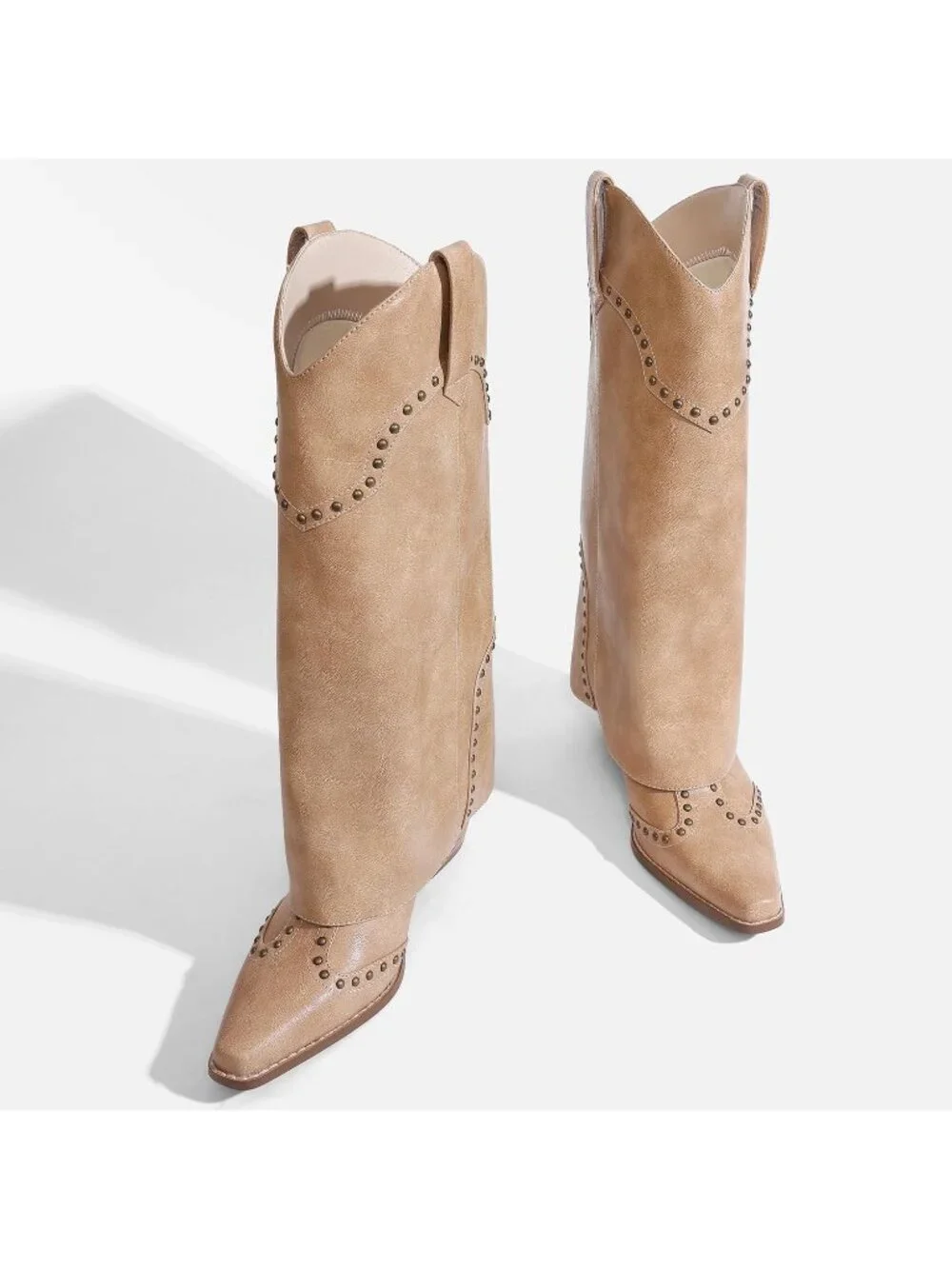Women's Beige Faux Leather Over Boot Knee High Chunky Heel Snip Toe Cowgirl Boot